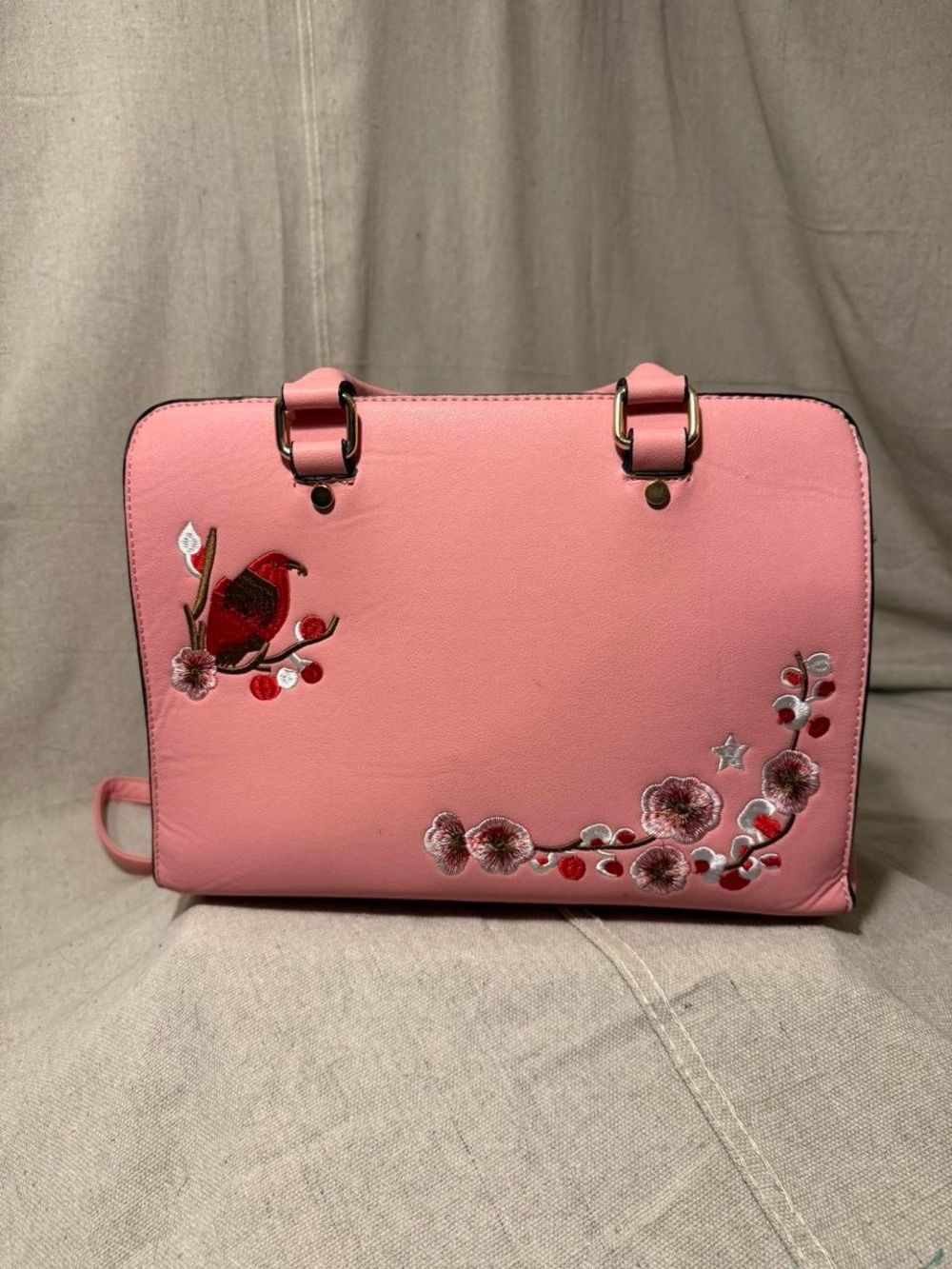 Pink Embroidered Floral & Bird Satchel Handbag